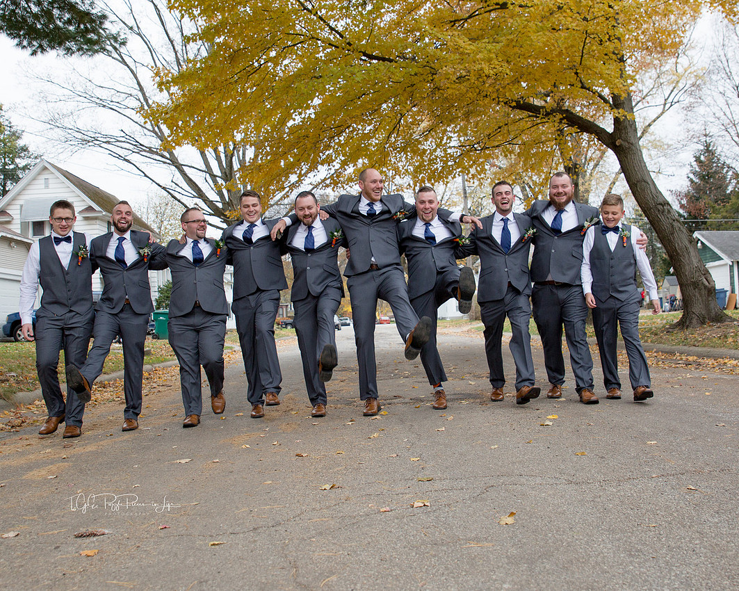 Groom and His 9 Groomsmen Goofing Around/ The Allure/ Laporte, In/ Northwest Indiana Wedding Photographer